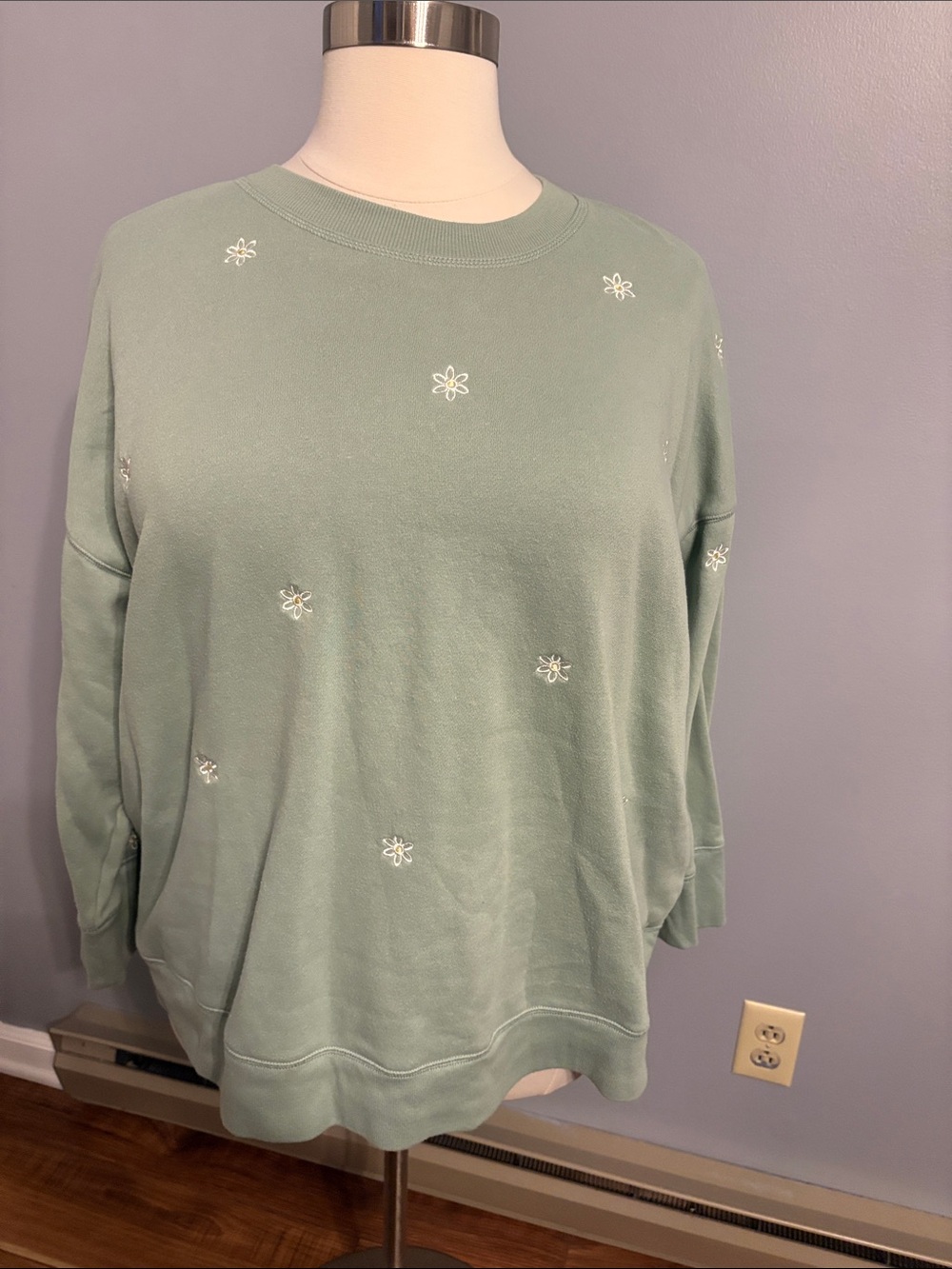 Lane Bryant Sage Green Crewneck Sweatshirt with White Daisy Embroidery